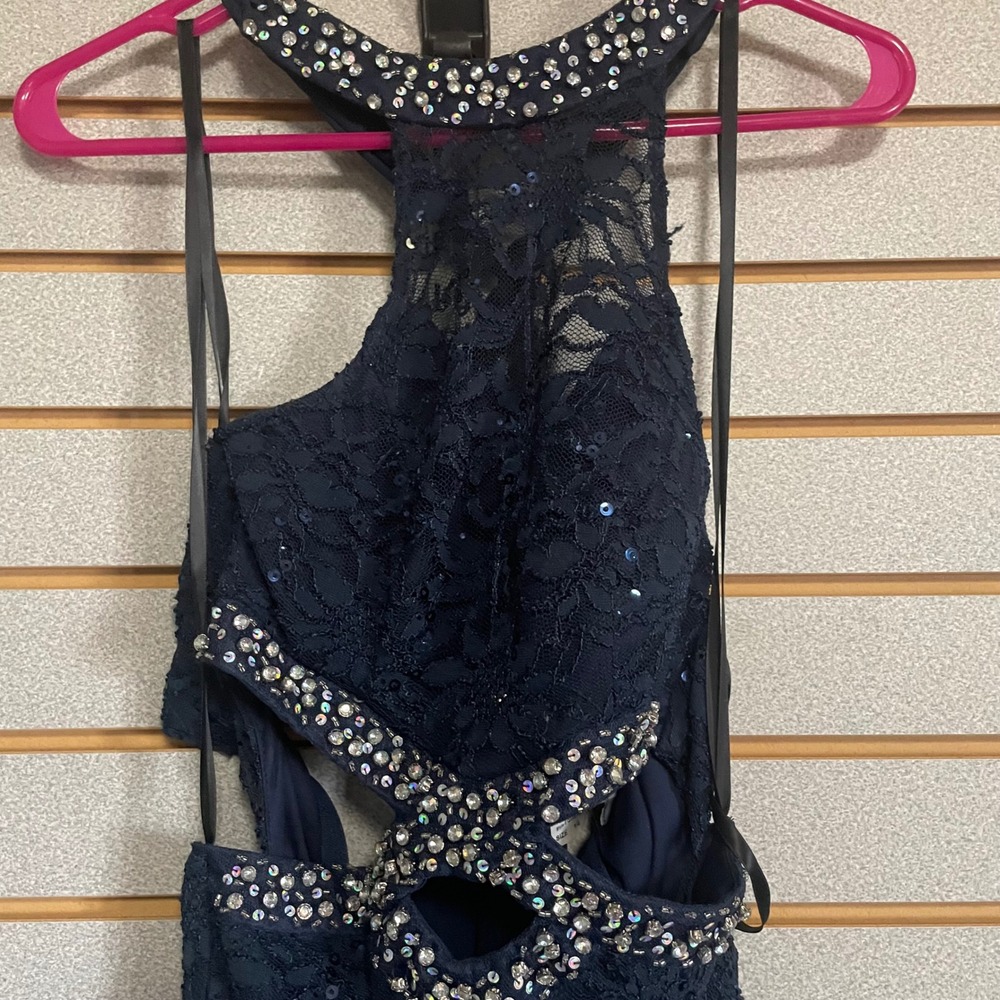 B. Darlin Navy Blue Lace Sequin Embellished Halter Neck Formal Dress